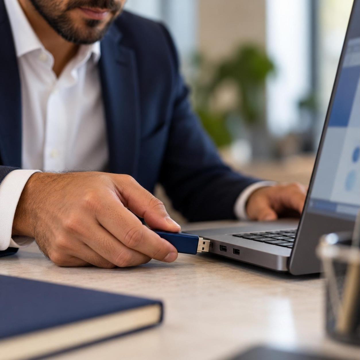 Empresário conectando o token do certificado digital ao notebook
