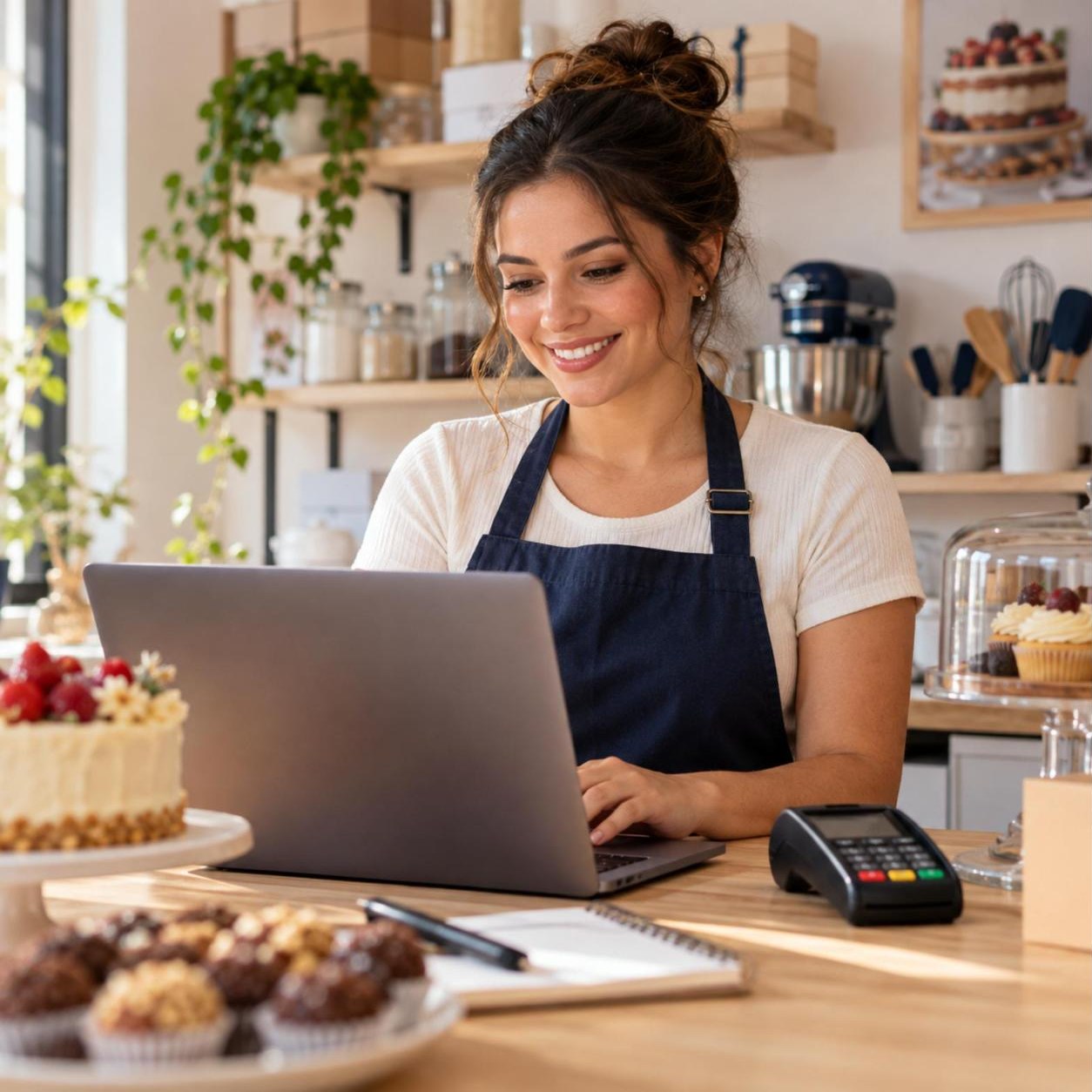 Empreendedora MEI de Araçatuba trabalhando no notebook em seu ateliê