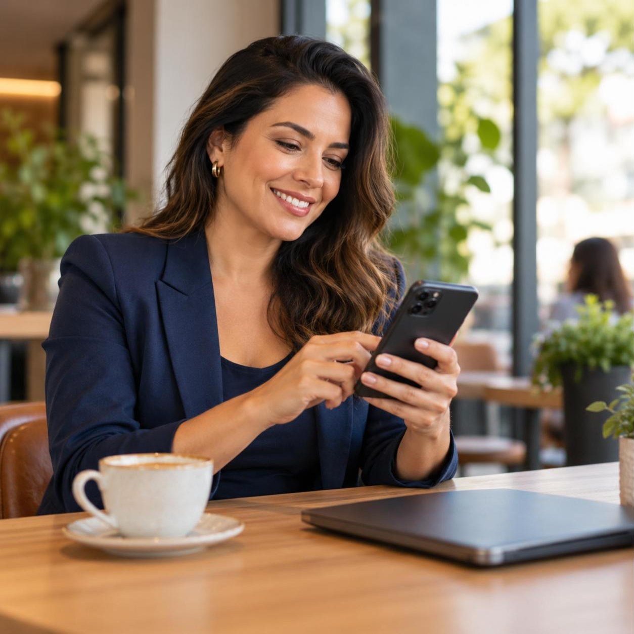 Empresária acessando documentos da empresa pelo celular