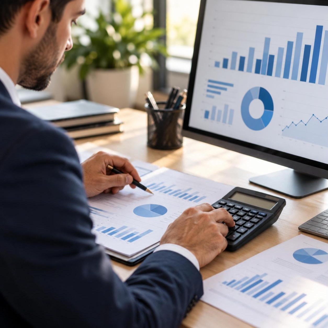 Contador analisando relatórios e gráficos para o planejamento tributário